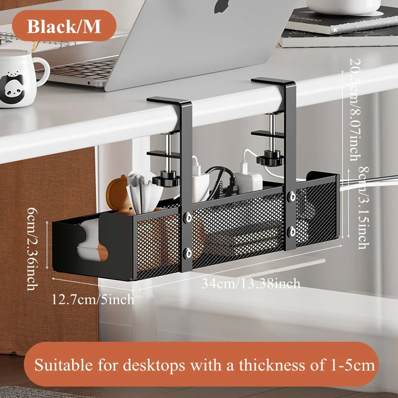 Clamp-On Under Desk Cable Tray (No-Drill) – Extendable Metal Cable Management + Power Strip Holder